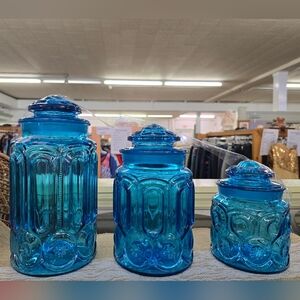 Set of 3 Vintage MCM LE Smith Moon and Star Blue Glass Canister 10", 7.5", 5.75"